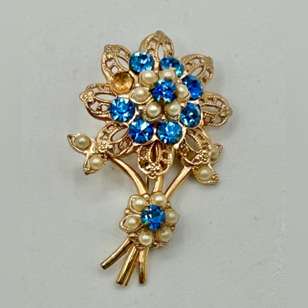 Vintage Blue Rhinestone Flower Brooch Gold Tone Floral Spray Missing Rhinestone